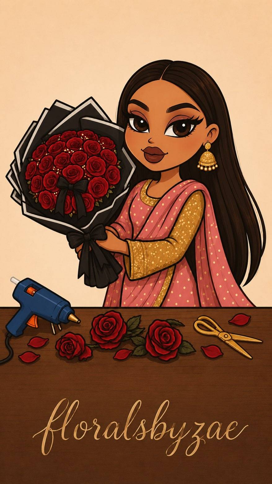 Illustration of the FloralsByZaee florist holding a handmade bouquet