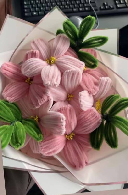 Pink and white fuzzy wire flower bouquet