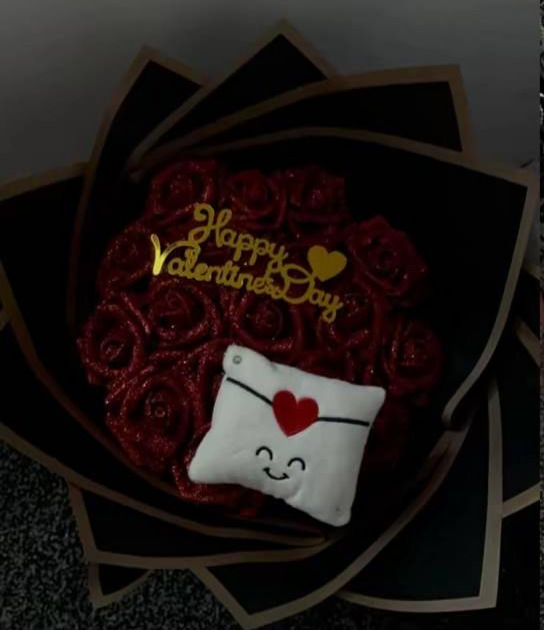 Valentine plushie bouquet with red flowers