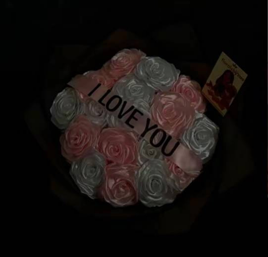 Blush and silver rose bouquet with an I love you ribbon